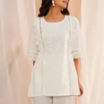 White Embroidered Cotton Straight Kurti