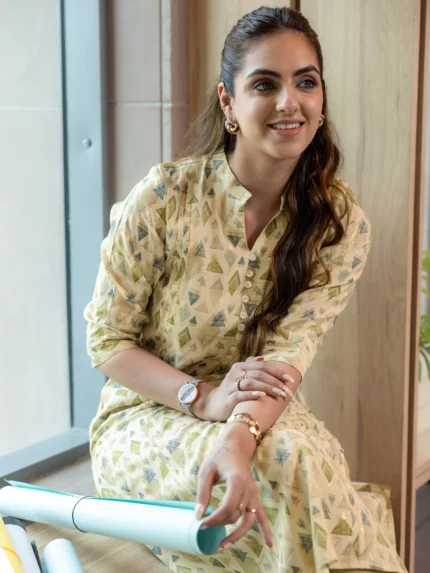 Beige Printed Silk Blend Straight Kurta