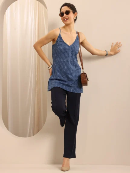 Blue Printed Cotton Blend Straight Short Kurti