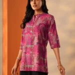 Pink Printed Silk Blend Straight Short Kurti