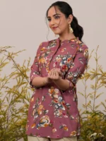 Pink Printed Silk Blend A-Line Kurti - Image 2