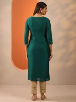 Green Embroidered Silk Blend Straight Kurta - Image 3