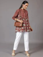 Rust Printed Cotton A-Line Kurti - Image 2
