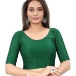 Round Neck Dobby Cotton Lycra Stretchable Elbow Half Sleeve Readymade Saree Blouse for Women Stylish