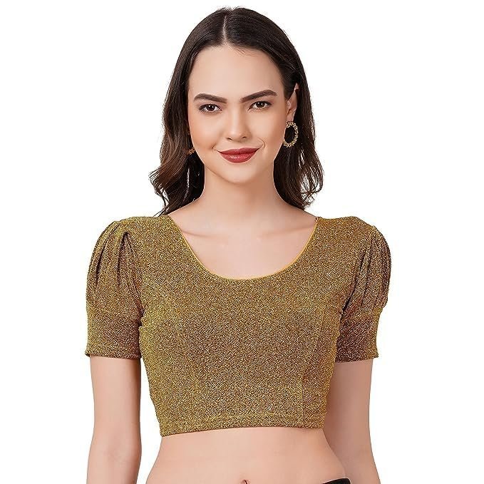 61bJQlLTI9L.jpg Readymade Shining Lycra Stretchable Round Neck Half Sleeve Blouses || Womens Mettalic Stretchable Readymade Blouses - Image 1