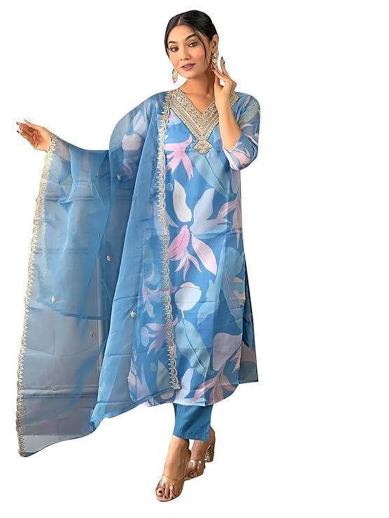 61raLmpW0pL._SY741_.jpg Women's Sky Organza with Cotton Lining Embroidered and Printed Straight Kurta with Rayon Pant and Organza Laced Dupatta Sets - Image 1