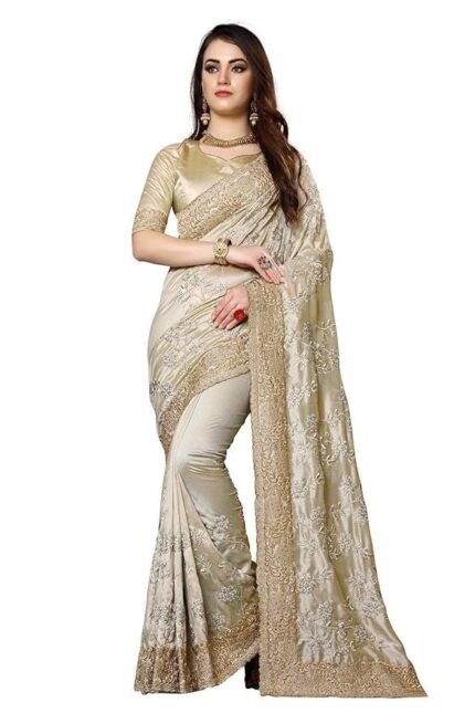 Beige Mayo Silk Zari Resham Stone Embroidery Work Saree with Blouse Piece