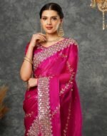 Women's Tissue Silk Sequence Embroidery Scalloped Border Saree With Unstitched Blouse Piece - Image 3