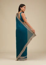 Peacock Blue Threadwork Soft Silk Saree - Image 2