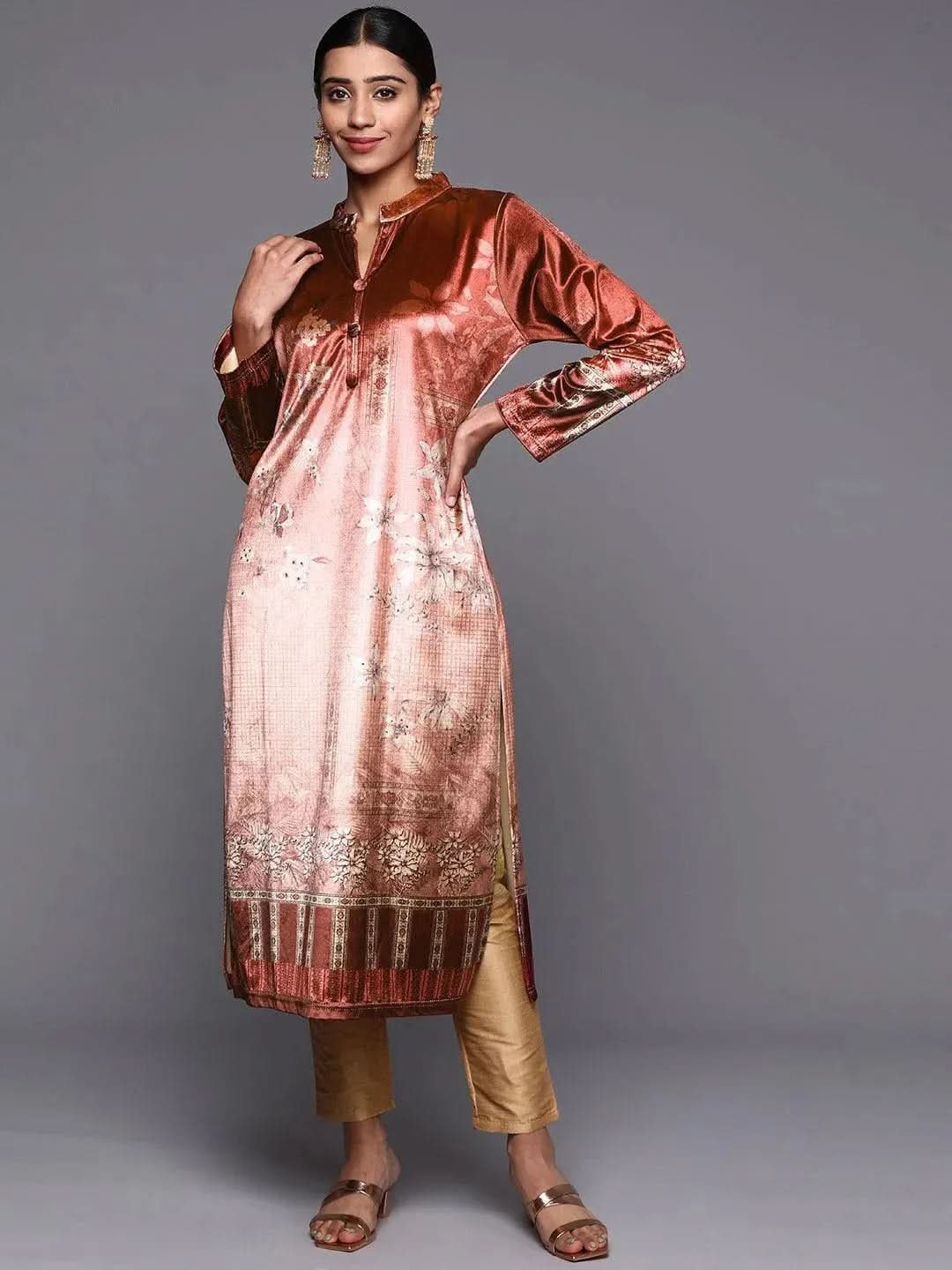 rust-printed-velvet-straight-kurta-libas-1.jpg Rust Printed Velvet Straight Kurta - Image 1